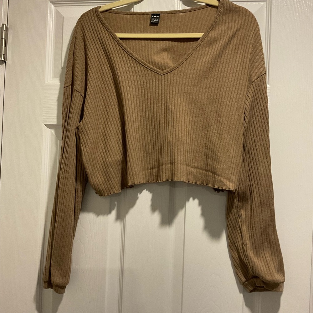 H&M Ribbed V-Neck Cropped Blouse - Brown